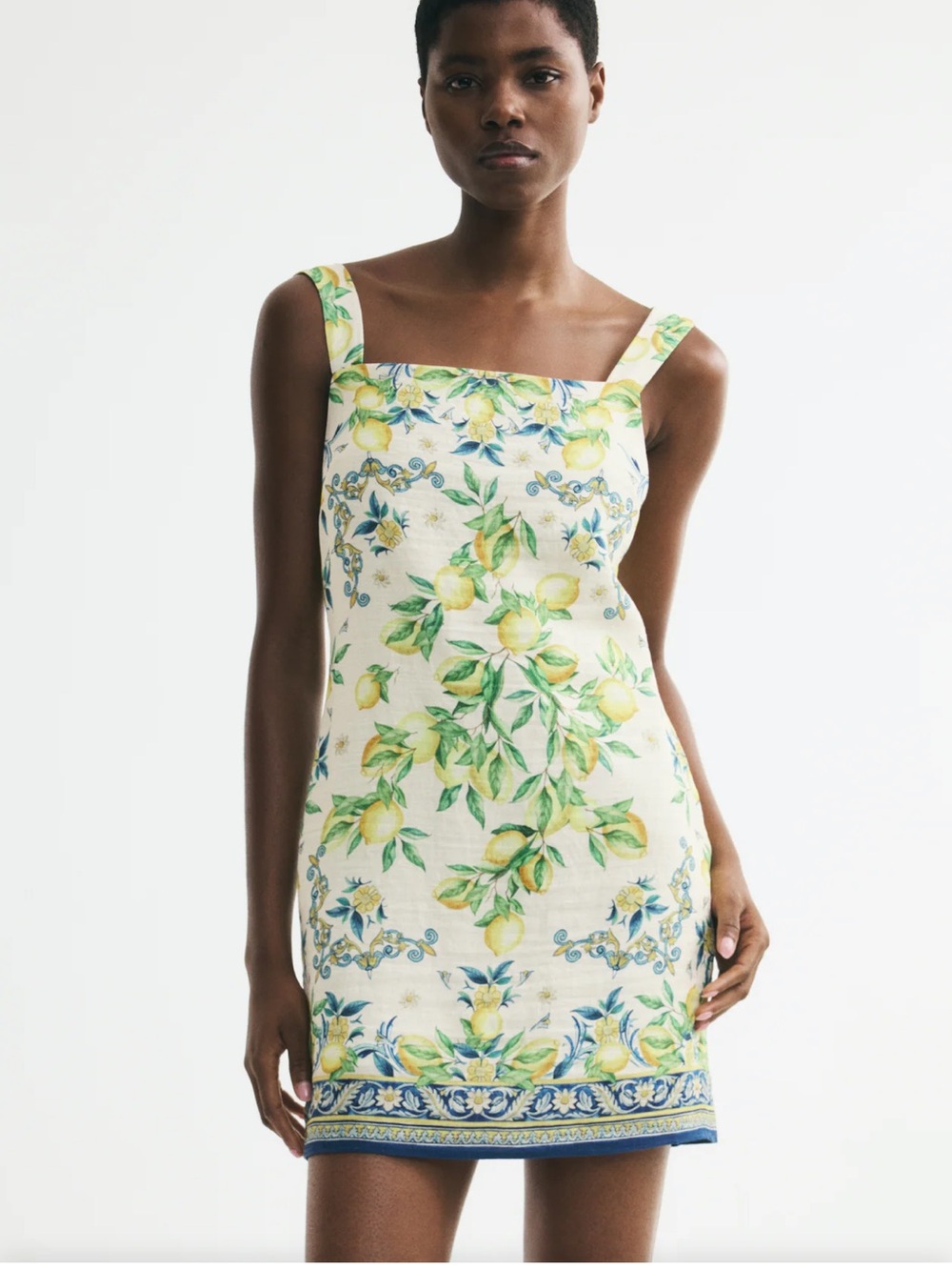 H&M Cream Midi Dress with Yellow Lemon and Green Leaf Print size S